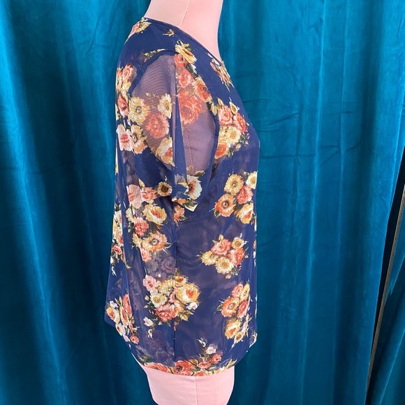 Halogen  Floral Print Short Sleeve Mesh Blouse Tops - Picture 3 of 7